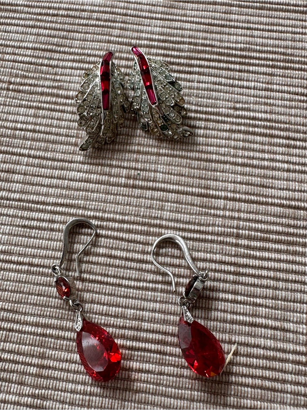 VINTAGE 2 PAIRS Silver-Tone Earrings Red Teardrop Crystals and AVON Wing Clips
